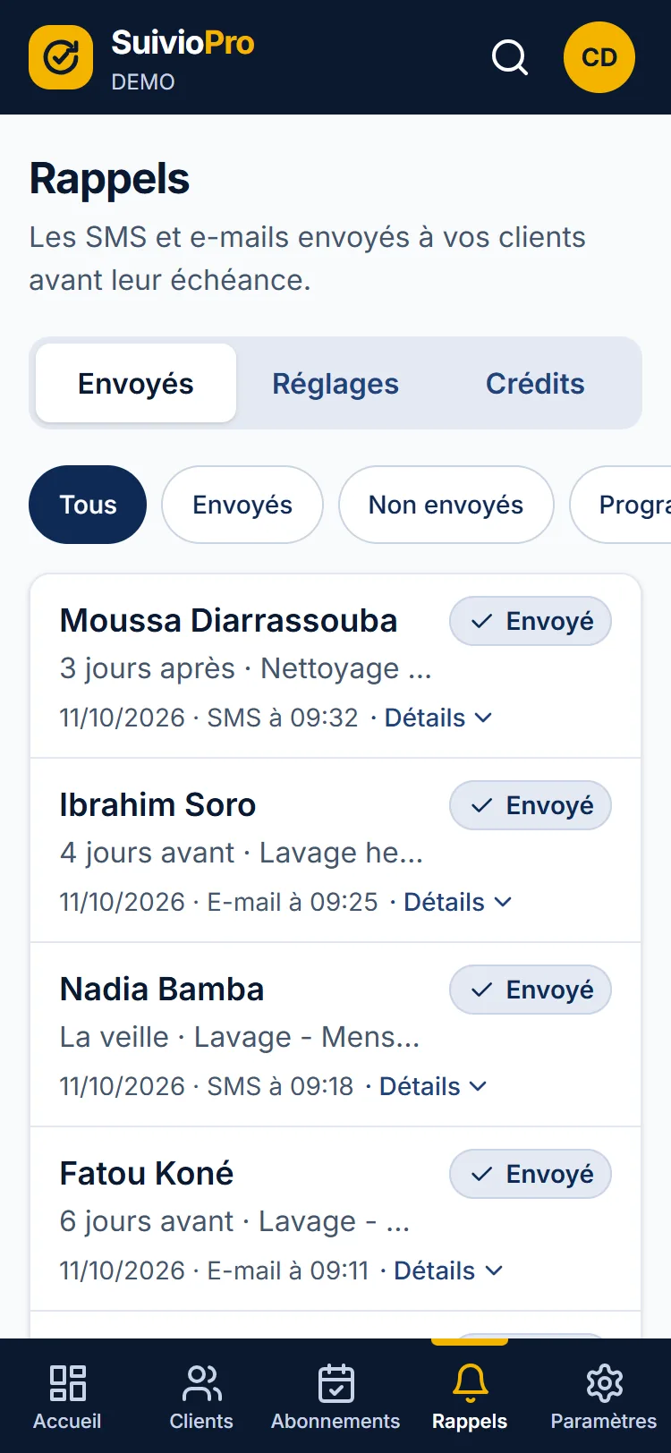Journal des rappels envoyés aux clients, sur téléphone